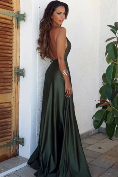 Olive Green Backless Split Elegant Simple Prom Party Dress V-Neck Long Floor Length Evening Gowns