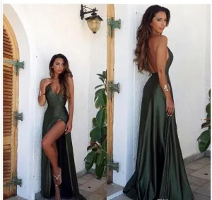 Olive Green Backless Split Elegant Simple Prom Party Dress V-Neck Long Floor Length Evening Gowns