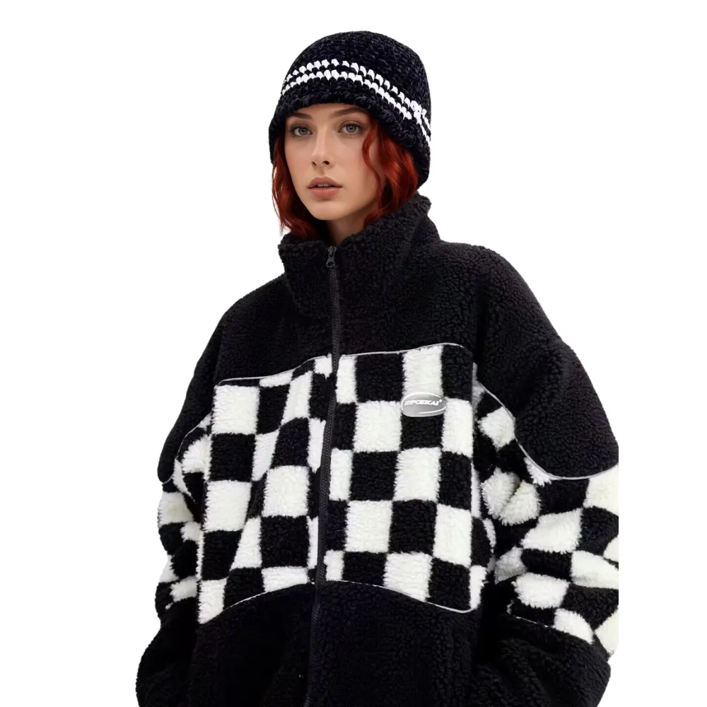 OOC' Classic Black And White Checkerboard Sherpa Coat