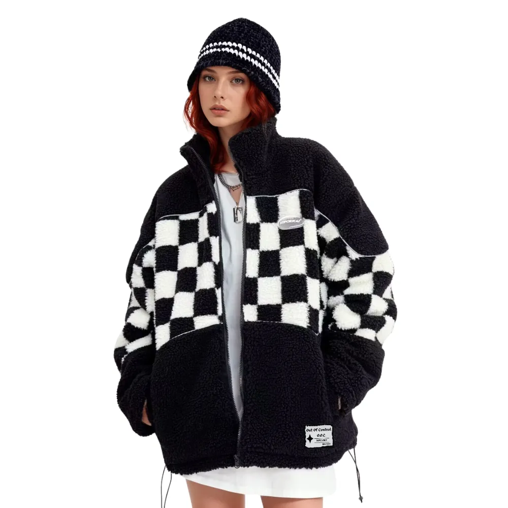 OOC' Classic Black And White Checkerboard Sherpa Coat