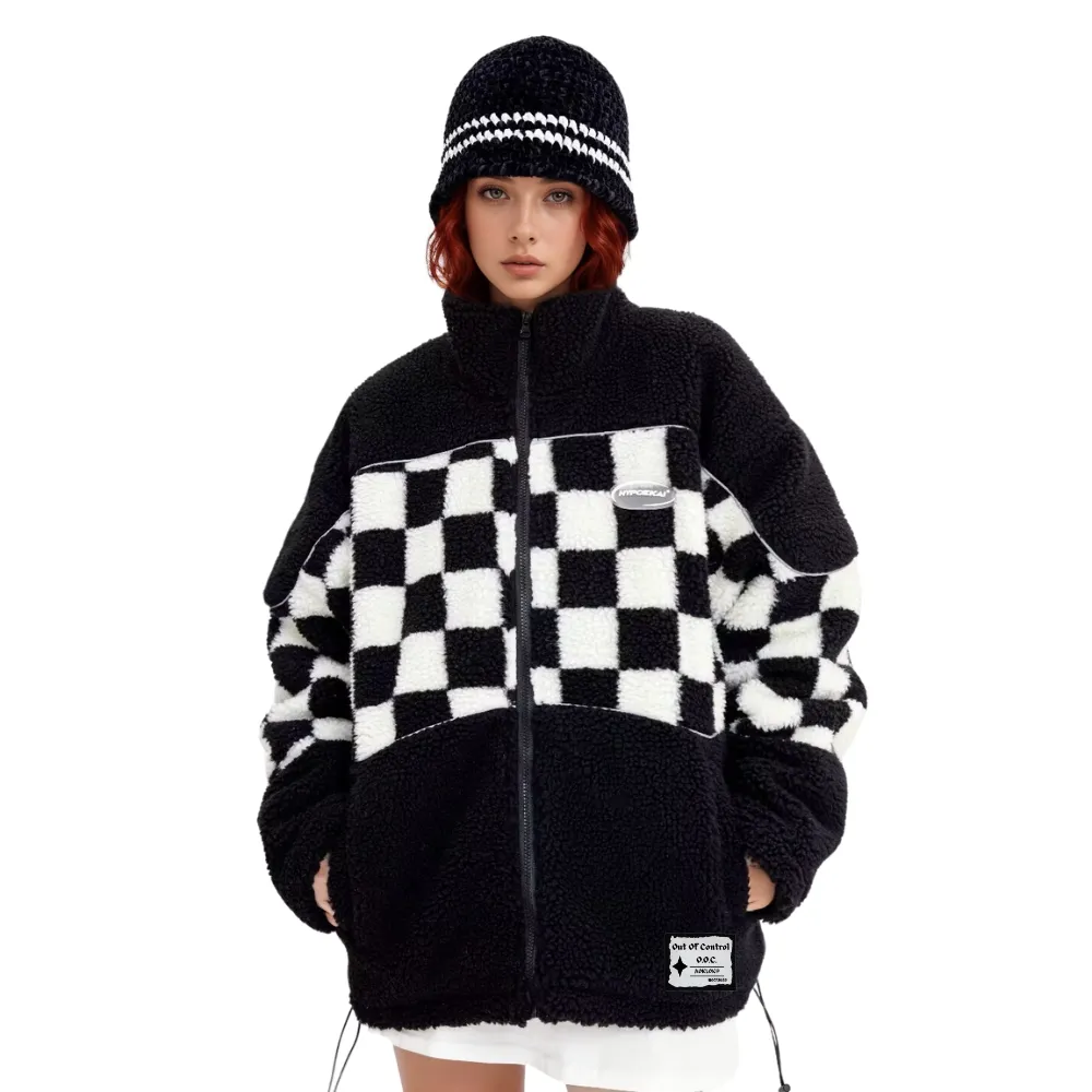 OOC' Classic Black And White Checkerboard Sherpa Coat