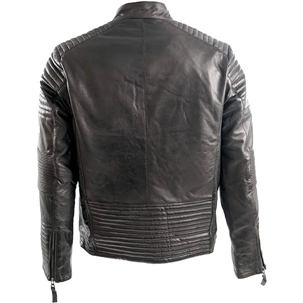 Padded Cafe Racer Retro Biker Genuine Leather Jacket Black Motorcycle Rider Coat