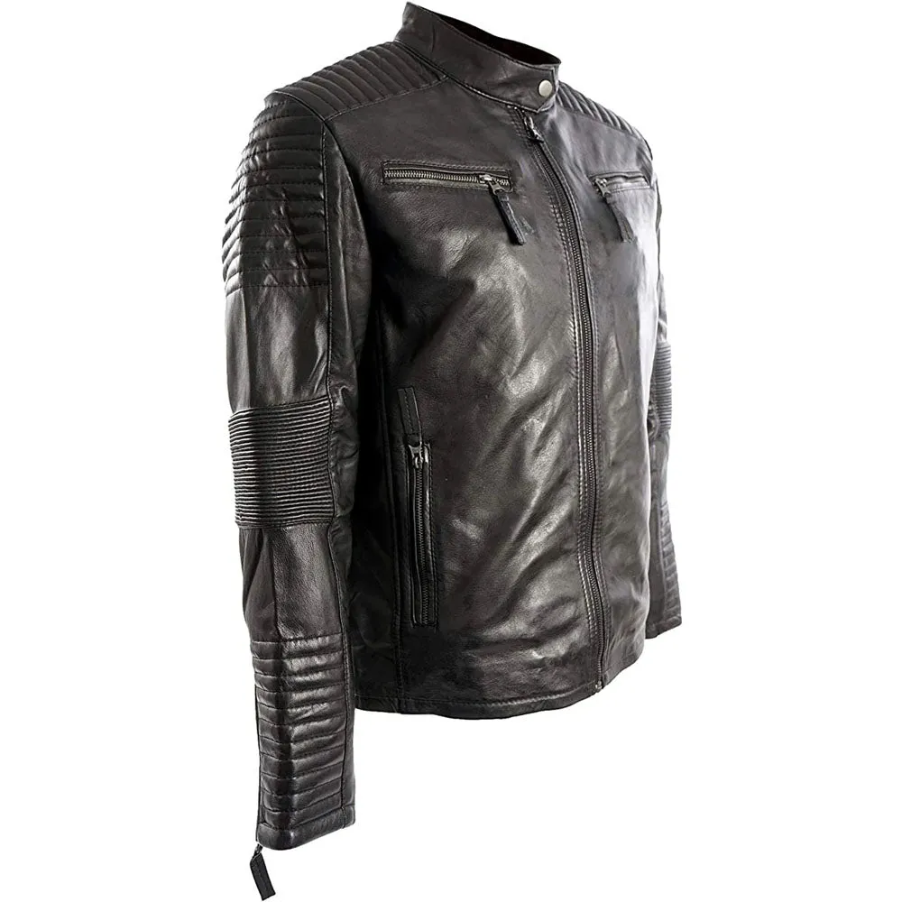 Padded Cafe Racer Retro Biker Genuine Leather Jacket Black Motorcycle Rider Coat