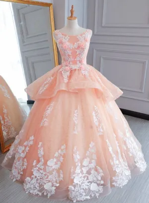 Peach Pink Tulle Princess Sweet 16 Party Dress, Quinceanera Dresses Formal Dress