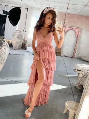 Pink A line v neck long prom dress pink formal dress