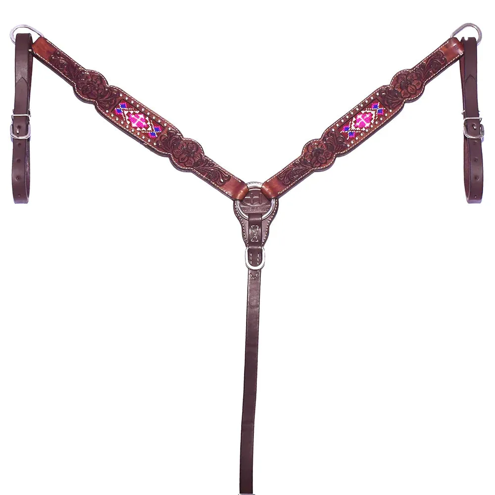 PINK CROSS BEADED INLAY LEATHER BREASTCOLLAR