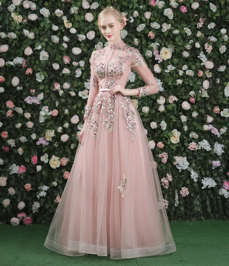 Pink Floral Lace Long Sleeves Tulle A-line Prom Dress, Pink Bridesmaid Dress Party Dresses