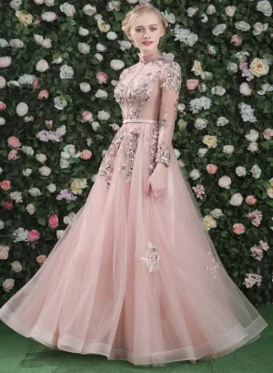 Pink Floral Lace Long Sleeves Tulle A-line Prom Dress, Pink Bridesmaid Dress Party Dresses