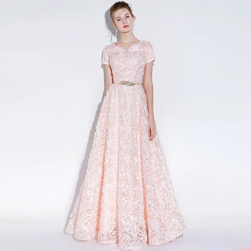 Pink Lace A-line Cap Sleeves Floor Length Party Dress, A-line Pink Prom Dress Formal Dress