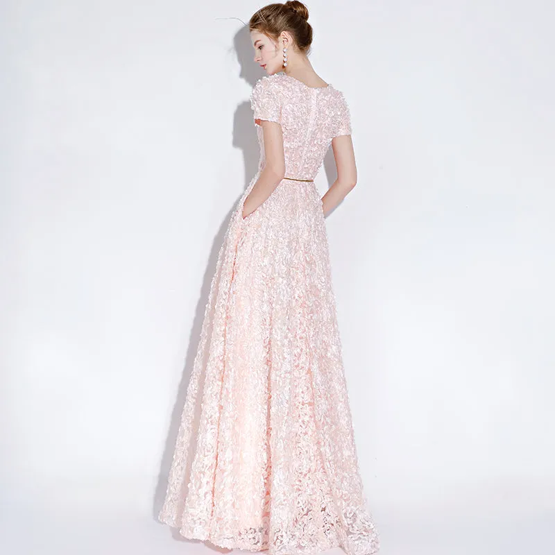 Pink Lace A-line Cap Sleeves Floor Length Party Dress, A-line Pink Prom Dress Formal Dress