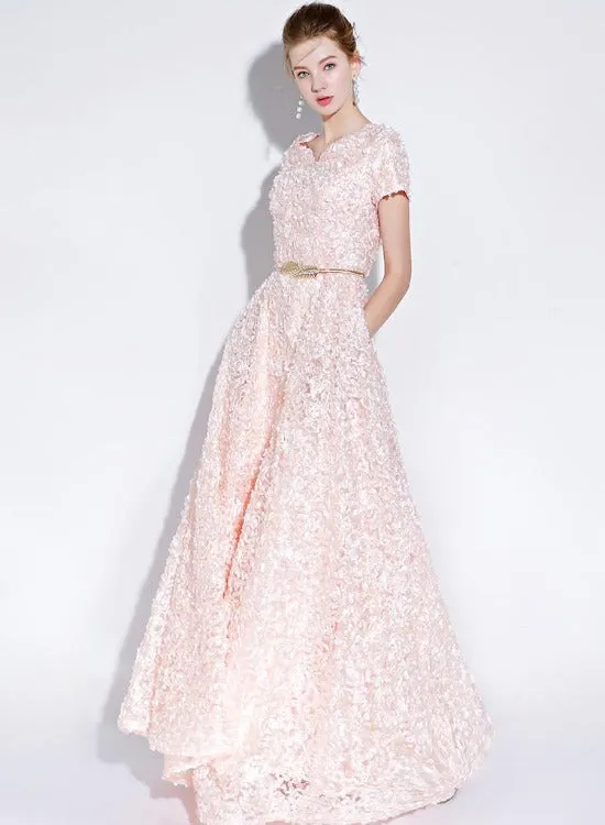 Pink Lace A-line Cap Sleeves Floor Length Party Dress, A-line Pink Prom Dress Formal Dress