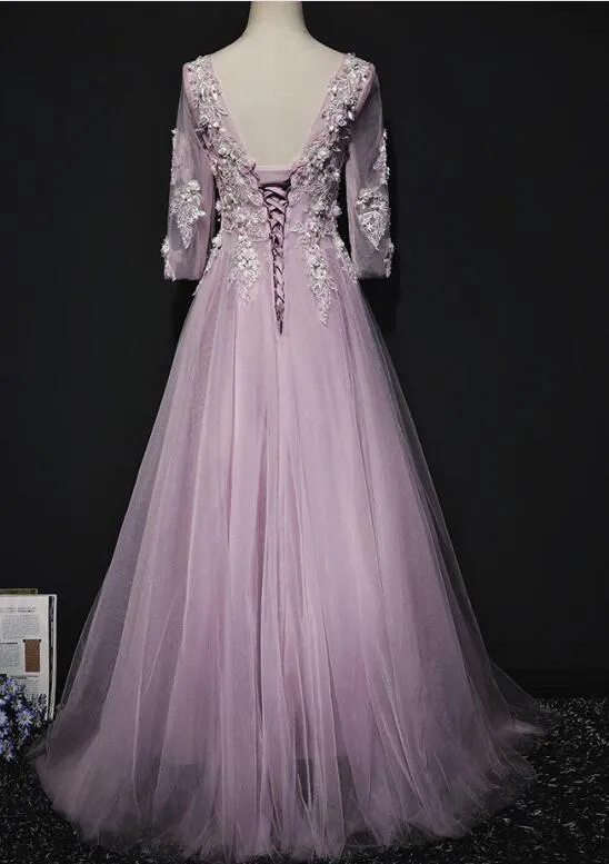 Pink Long Sleeves Tulle with Flowers V-neckline Prom Dress, A-line Pink Bridesmaid Dress Party Dress