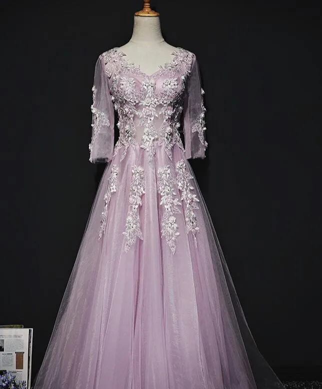 Pink Long Sleeves Tulle with Flowers V-neckline Prom Dress, A-line Pink Bridesmaid Dress Party Dress