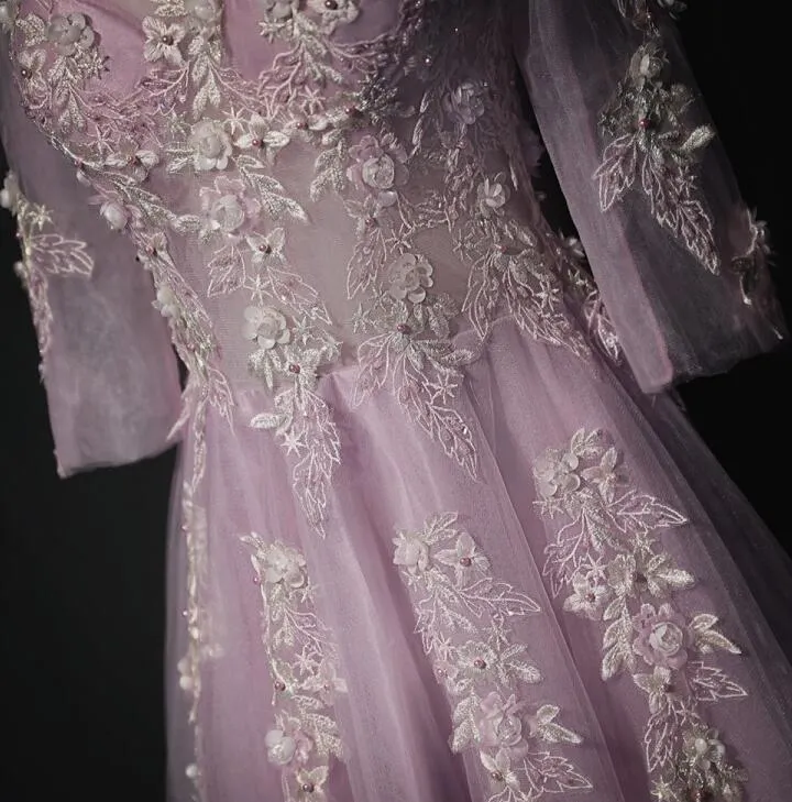 Pink Long Sleeves Tulle with Flowers V-neckline Prom Dress, A-line Pink Bridesmaid Dress Party Dress