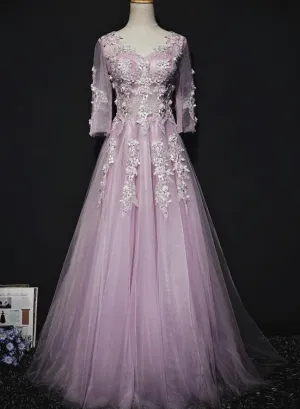 Pink Long Sleeves Tulle with Flowers V-neckline Prom Dress, A-line Pink Bridesmaid Dress Party Dress