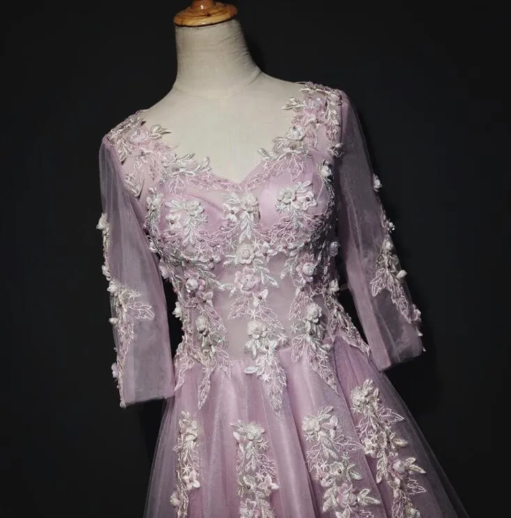 Pink Long Sleeves Tulle with Flowers V-neckline Prom Dress, A-line Pink Bridesmaid Dress Party Dress
