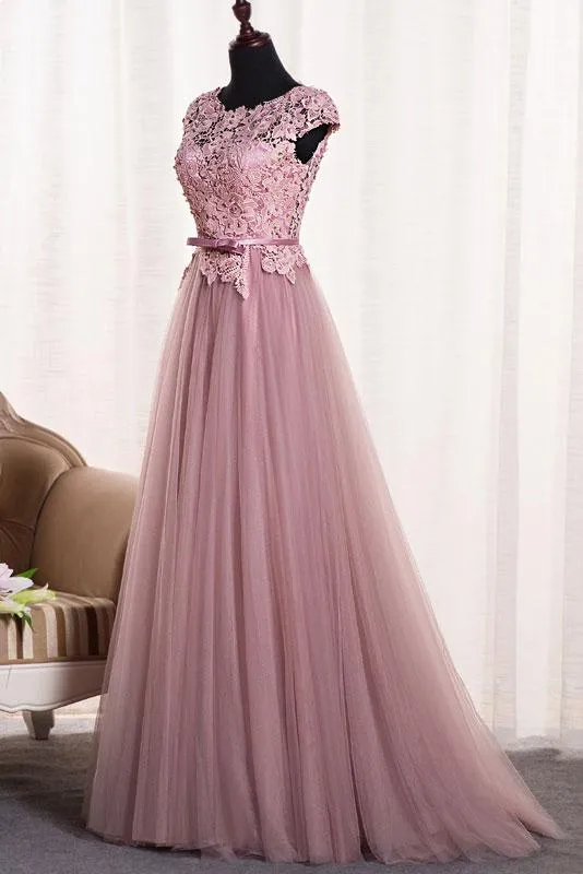 Pink Round Neckline Lace and Tulle Gown, Evening Gowns, Pink Junior Party Dresses