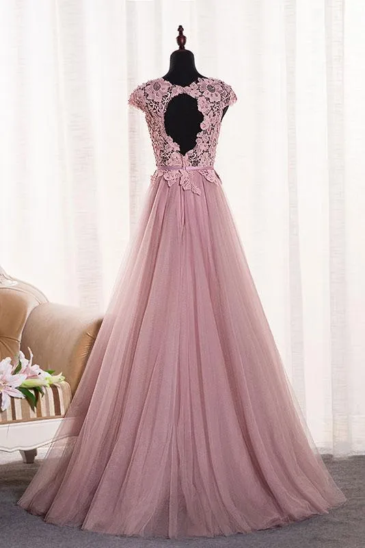 Pink Round Neckline Lace and Tulle Gown, Evening Gowns, Pink Junior Party Dresses