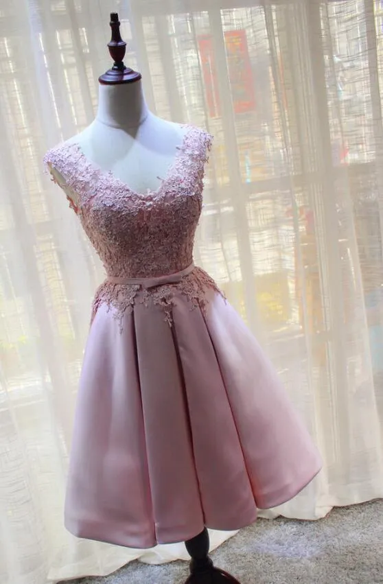 Pink Satin and Lace Knee Length Party Dress , Homecoming Dress