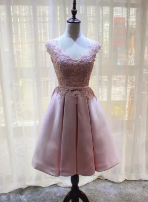 Pink Satin and Lace Knee Length Party Dress , Homecoming Dress