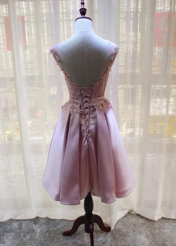 Pink Satin and Lace Knee Length Party Dress , Homecoming Dress