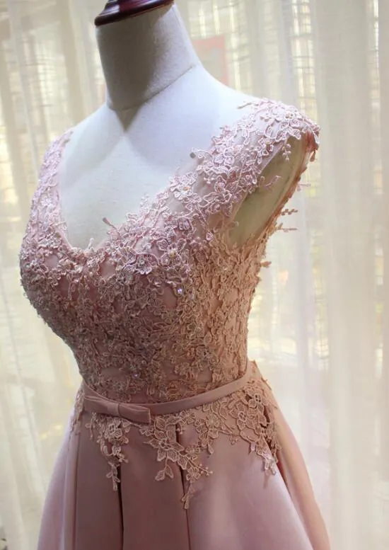 Pink Satin and Lace Knee Length Party Dress , Homecoming Dress