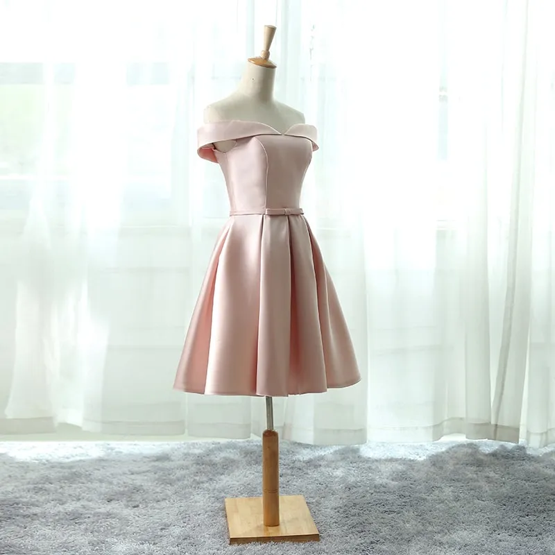Pink Satin Off Shoulder Knee Length Party Dress, Cute Formal Dress