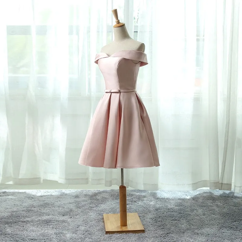 Pink Satin Off Shoulder Knee Length Party Dress, Cute Formal Dress