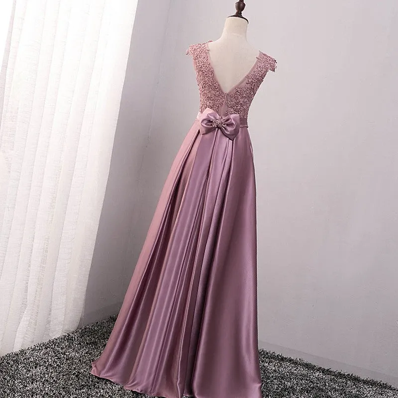 Pink Satin with Lace Applique Long Bridesmaid Dress, Pink A-line Simple Prom Dress