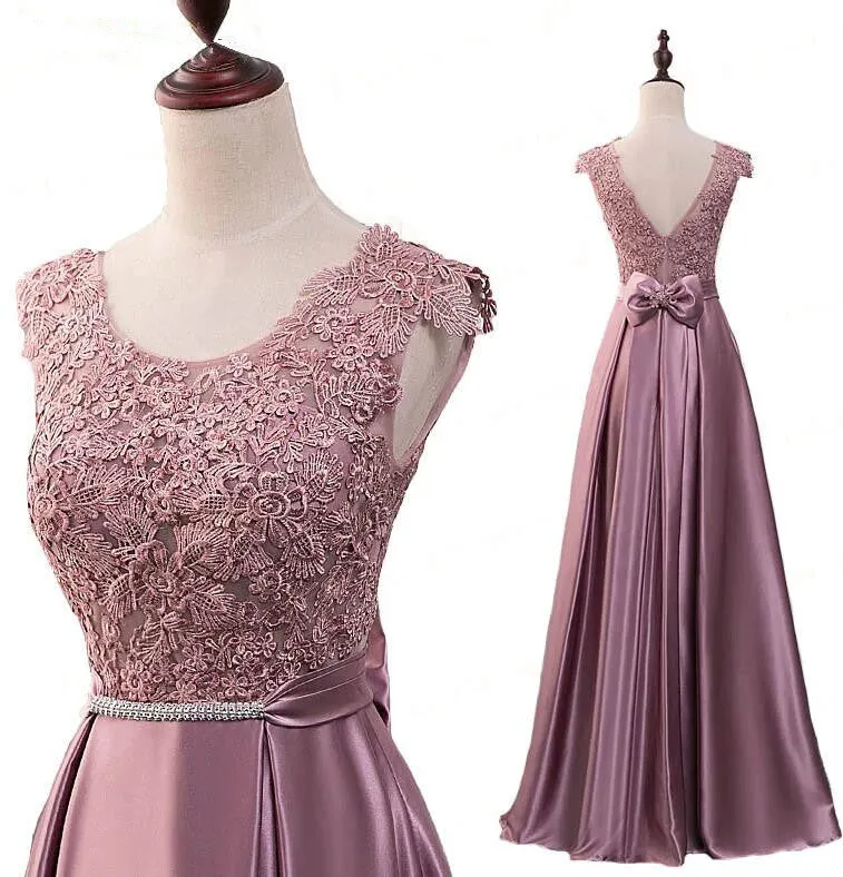 Pink Satin with Lace Applique Long Bridesmaid Dress, Pink A-line Simple Prom Dress