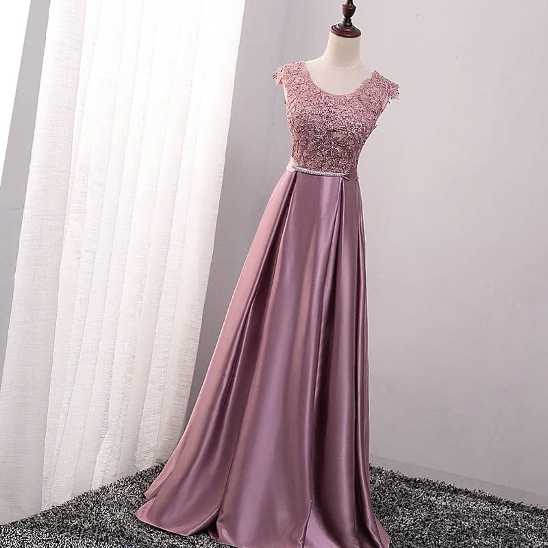 Pink Satin with Lace Applique Long Bridesmaid Dress, Pink A-line Simple Prom Dress