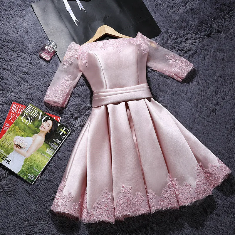 Pink Short Satin with Lace Round Neckline Wedding Party Dresses, Pink Cute Homecoming Dress