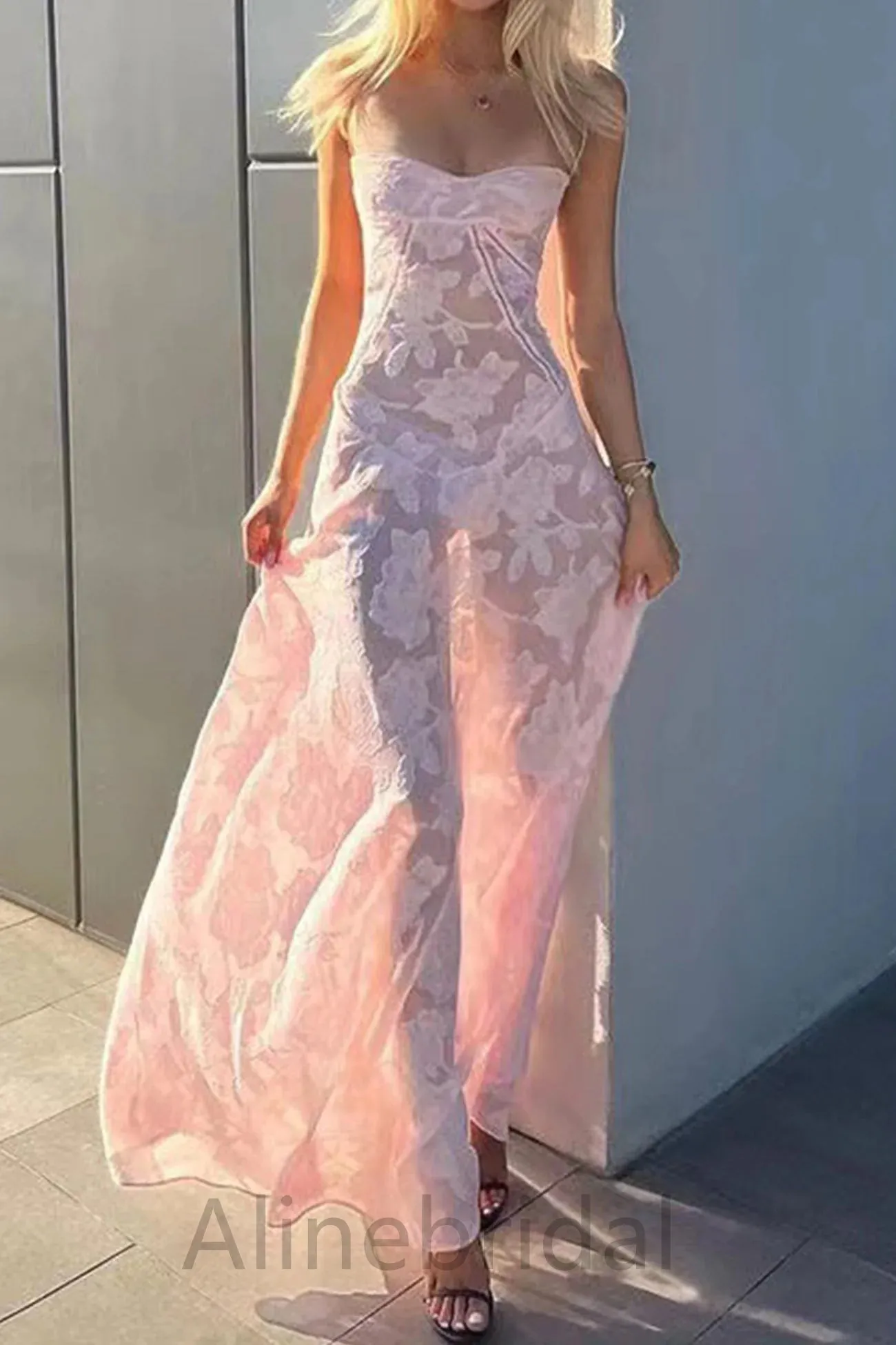 Pink Spaghetti Straps Sleeveless A-line  Long Prom Dress, PD3751