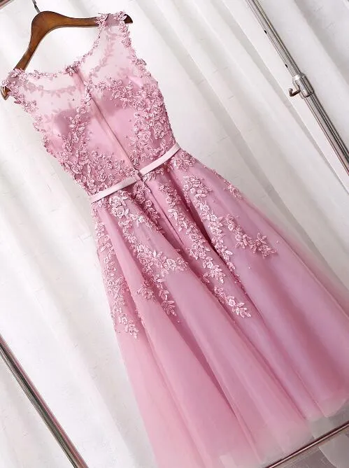Pink Tea Length Formal Dress, Lace Applique Party Dresses