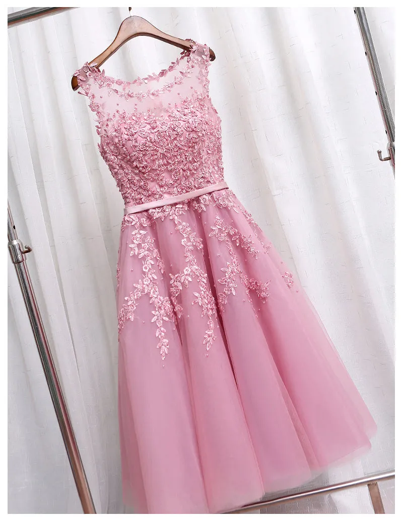 Pink Tea Length Formal Dress, Lace Applique Party Dresses