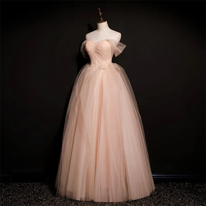 Pink Tulle Princess Beaded and Lace Long Formal Dress, Pink Party Dress Evening Dress