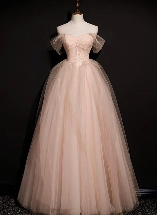 Pink Tulle Princess Beaded and Lace Long Formal Dress, Pink Party Dress Evening Dress
