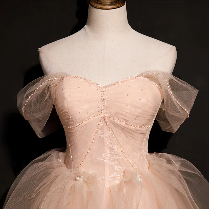 Pink Tulle Princess Beaded and Lace Long Formal Dress, Pink Party Dress Evening Dress