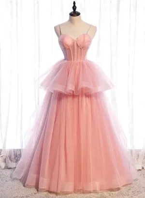 Pink Tulle Sweetheart Straps Long Formal Dresses, Pink Layers Party Dresses