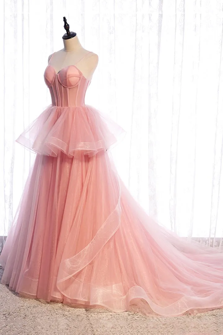 Pink Tulle Sweetheart Straps Long Formal Dresses, Pink Layers Party Dresses