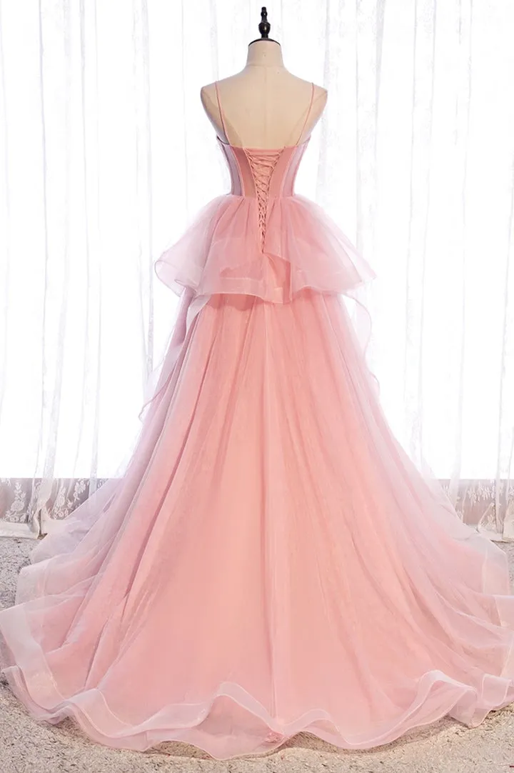 Pink Tulle Sweetheart Straps Long Formal Dresses, Pink Layers Party Dresses