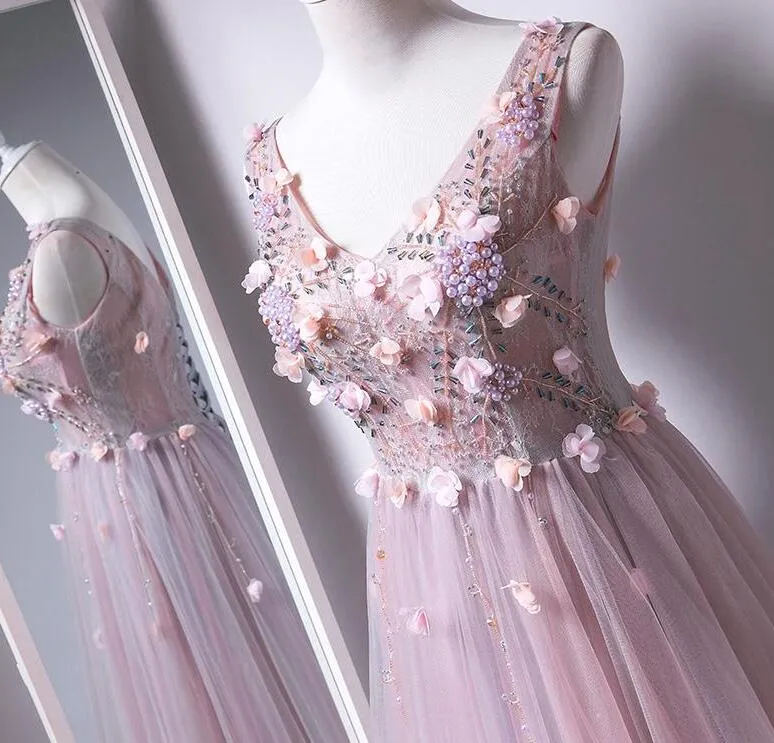 Pink V-neckline Tulle with Flowers Beaded Long Party Dress, Junior Prom Dresses