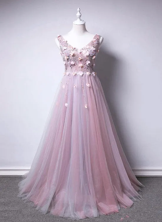 Pink V-neckline Tulle with Flowers Beaded Long Party Dress, Junior Prom Dresses