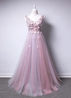 Pink V-neckline Tulle with Flowers Beaded Long Party Dress, Junior Prom Dresses
