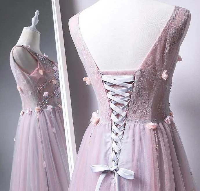 Pink V-neckline Tulle with Flowers Beaded Long Party Dress, Junior Prom Dresses