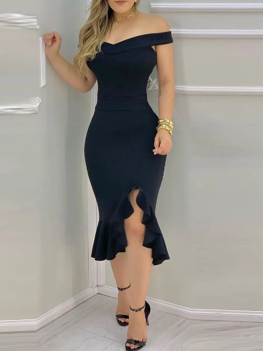 Plain Off Shoulder Ruffle Hem Slit Dress