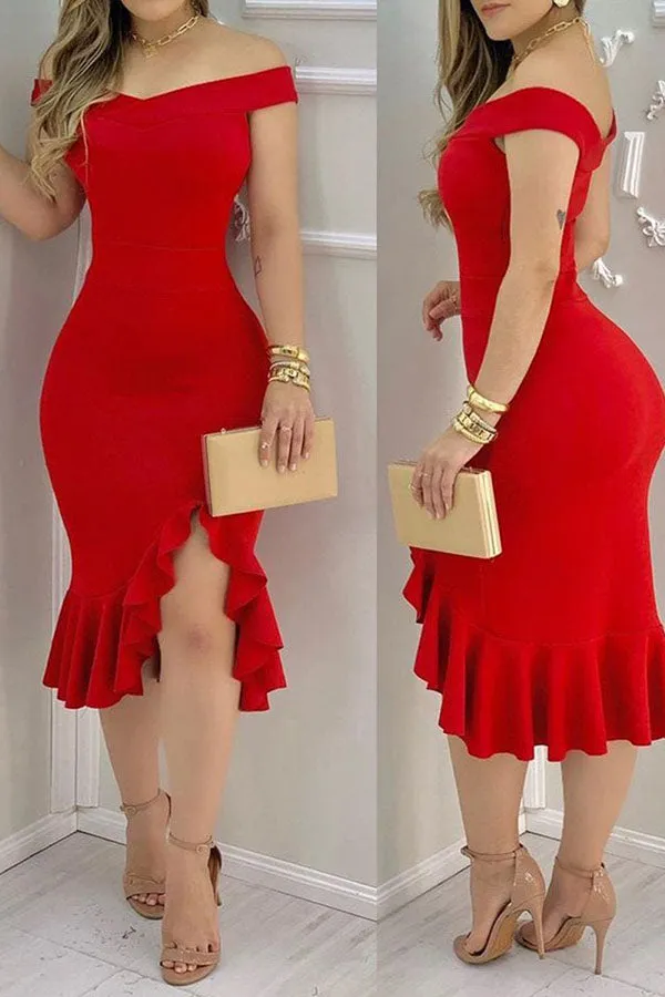 Plain Off Shoulder Ruffle Hem Slit Dress