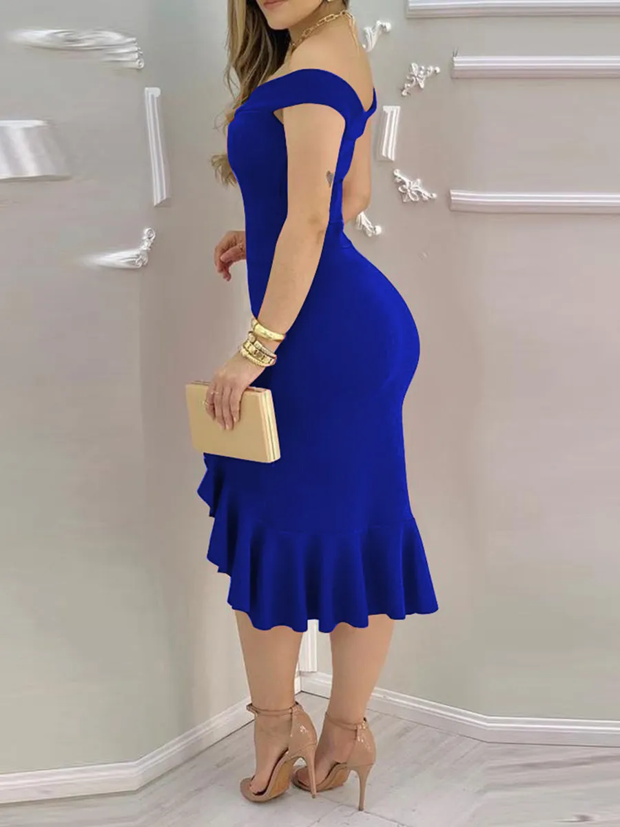 Plain Off Shoulder Ruffle Hem Slit Dress