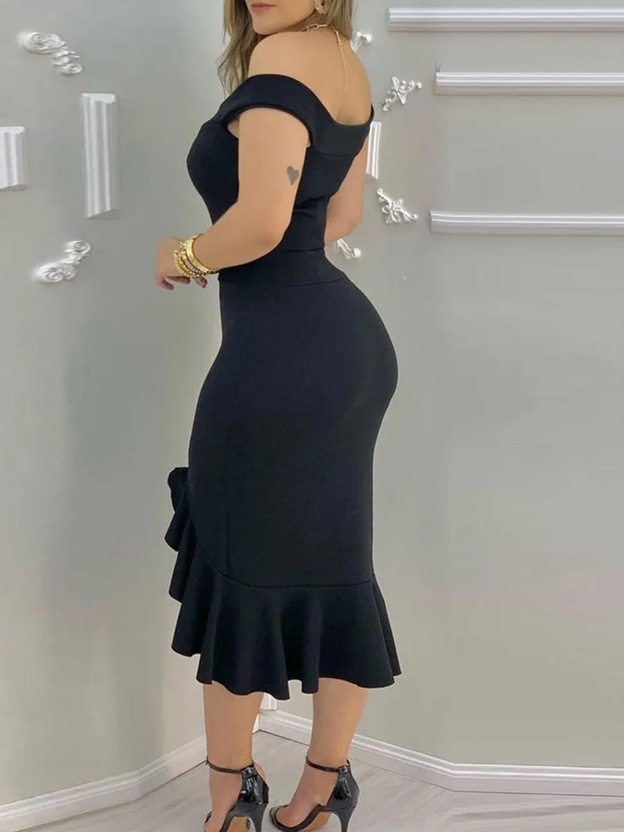 Plain Off Shoulder Ruffle Hem Slit Dress