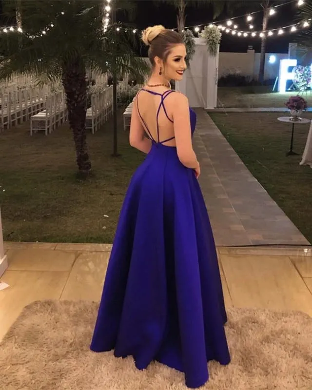 Plunge Neck Blue Prom Dress Backless Evening Formal Dresses